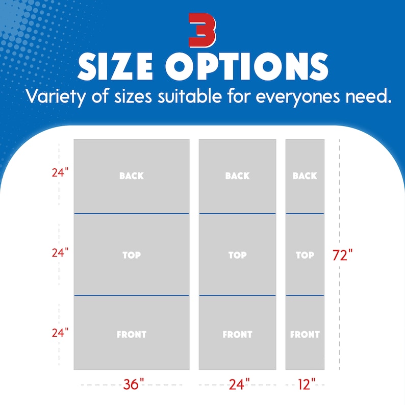 May include: Diagram showing three different sizes of a product, with dimensions labeled in inches. The largest size is 36 inches wide by 72 inches tall, the medium size is 24 inches wide by 72 inches tall, and the smallest size is 12 inches wide by 72 inches tall.