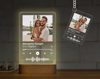 Plaque Spotify acrylique personnalisée avec photo - Porte-clés en option - Plaque de chanson pour pochette d'album, lampe de nuit avec nom de photo de musique, cadeaux de Saint-Valentin