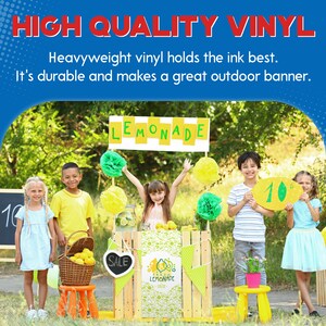 May include: Four children run a lemonade stand in a grassy area. The stand is made of wood and has a sign that says "Lemonade". There are lemons, a pitcher of lemonade, and a sign that says "Sale". The children are holding signs that say "10c" and "16c".