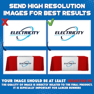 May include: A comparison of two tablecloths with different image resolutions. The tablecloth on the left has a low-resolution image, resulting in a pixelated logo. The tablecloth on the right has a high-resolution image, resulting in a clear logo. The text on the tablecloth reads "ELECTRICITY ENERGY AND POWER". The text below the tablecloths reads "YOUR IMAGE SHOULD BE AT LEAST 1024X768 PX THE QUALITY OF IMAGE IS DIRECTLY RELATED TO THE FINAL PRODUCT. IT IS ESPECIALLY IMPORTANT FOR LARGER RUNNERS."