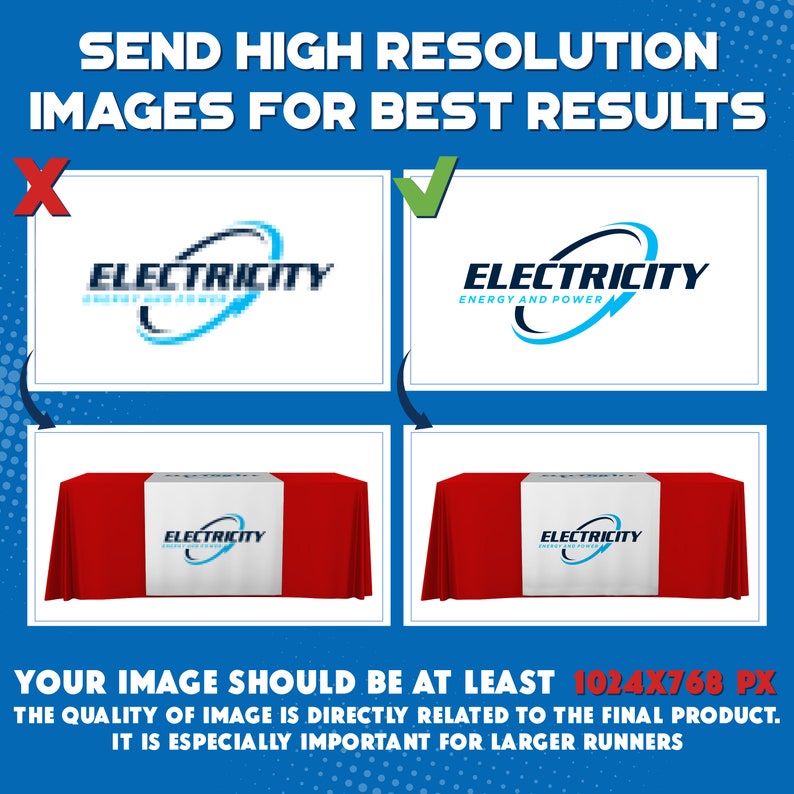 May include: A comparison of two tablecloths with different image resolutions. The tablecloth on the left has a low-resolution image, resulting in a pixelated logo. The tablecloth on the right has a high-resolution image, resulting in a clear logo. The text on the tablecloth reads "ELECTRICITY ENERGY AND POWER". The text below the tablecloths reads "YOUR IMAGE SHOULD BE AT LEAST 1024X768 PX THE QUALITY OF IMAGE IS DIRECTLY RELATED TO THE FINAL PRODUCT. IT IS ESPECIALLY IMPORTANT FOR LARGER RUNNERS."