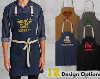 Custom Embroidered Apron for Men - 4 Colors, 12 Designs - Birthday Gifts for Dad, Grilling Gifts for Men, Personalized Gifts for Him