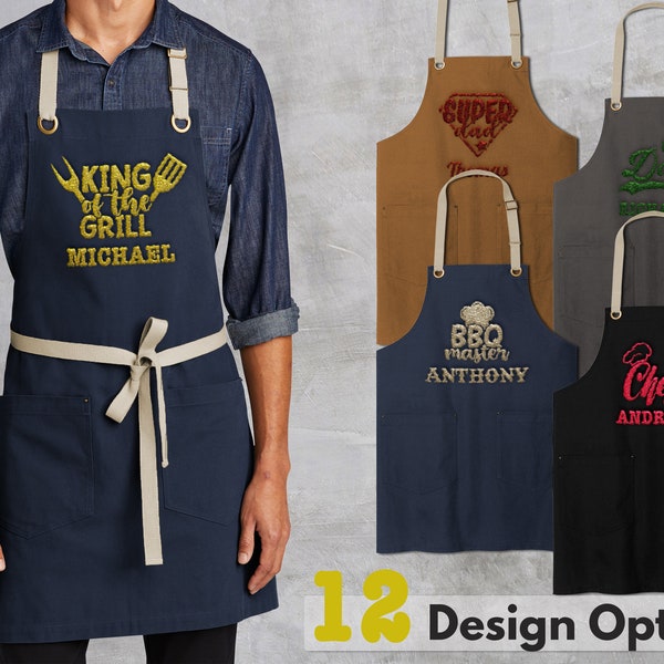 Custom Embroidered Apron for Men - 4 Colors, 12 Designs - Birthday Gifts for Dad, Grilling Gifts for Men, Personalized Gifts for Him