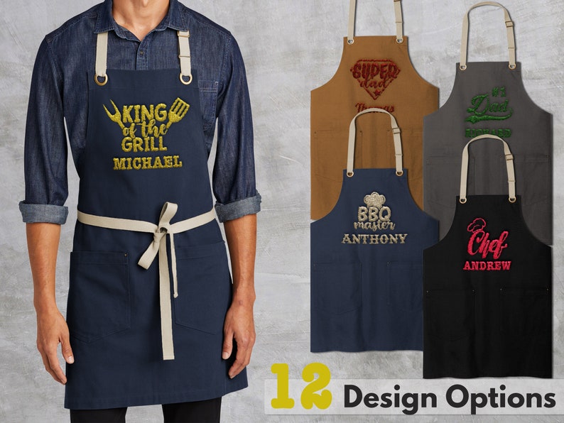 Custom Embroidered Apron for Men 4 Colors, 12 Designs Birthday Gifts for Dad, Grilling Gifts for Men, Personalized Gifts for Him image 1