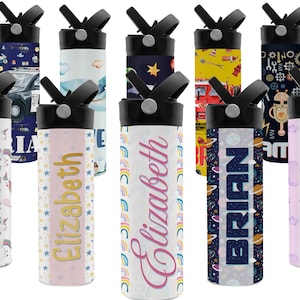 Personalized Kids Water Bottle w Straw - 14 / 20 oz - 15 Design Options, Custom Water Bottle for Children - BPA FREE, Double-Wall Insulation