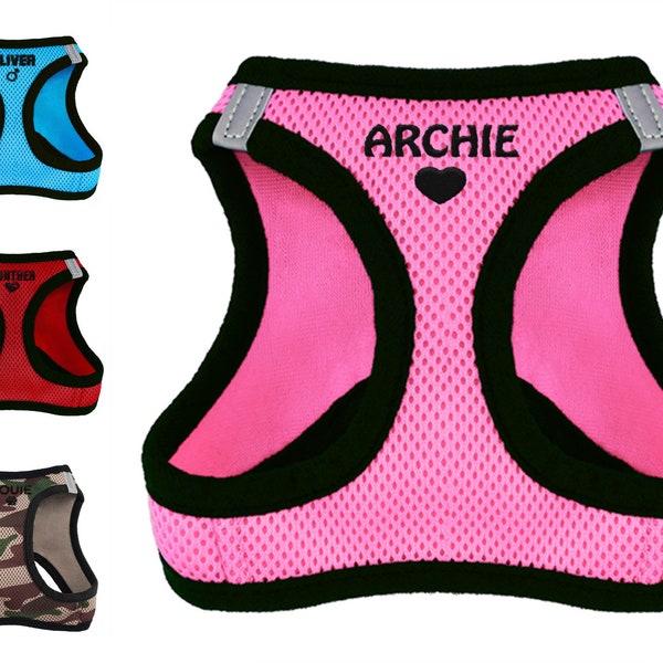 Embroidered Custom No Pull Dog Harness w/Dog's Name - 5 Fonts, 7 Icons - All Weather Mesh Step in Vest Harness for Small and Medium Dogs