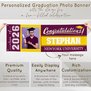 Personalized Graduation Banner w/ Photo, Name & School - 3 Sizes - Outdoor Graduation Decoration 2026 - Class of 2026 - Graduation Yard Sign image 8