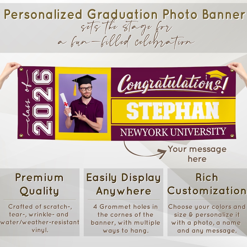 Personalized Graduation Banner w/ Photo, Name & School - 3 Sizes - Outdoor Graduation Decoration 2026 - Class of 2026 - Graduation Yard Sign image 8