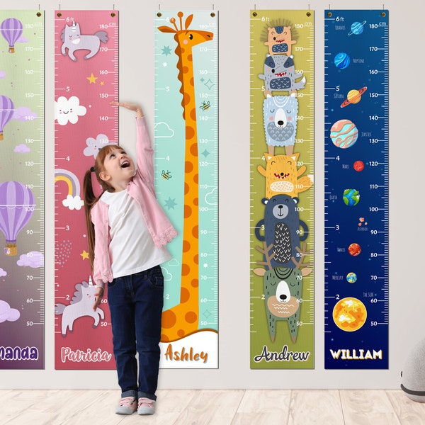 Personalized Kids Growth Chart - 12 Designs, 13oz Vinyl Height Measurement ft. cm, inches Chart for Toddlers - Ruler for Kids