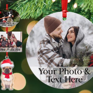 May include: Three round Christmas ornaments with a white background and the text "Your Photo & Text Here". The first ornament features a dog wearing a Santa hat. The second ornament features a family photo. The third ornament features a couple in winter clothing.