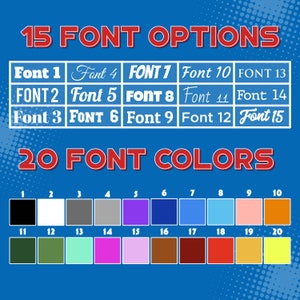 May include: A graphic showing 15 different font options and 20 different color options. The font options are displayed in a table format with the font name and a sample of the font. The color options are displayed in a grid format with a number and a colored square.