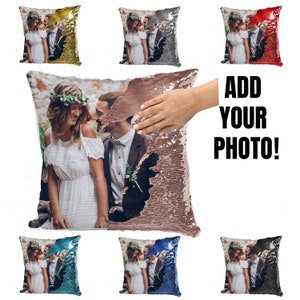 May include: A customizable pillow with a photo of a couple in a wedding setting. The pillow is made of sequins that can be flipped to reveal a different color. The text "ADD YOUR PHOTO!" is displayed on the image.