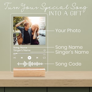 May include: A clear acrylic plaque with a photo, song details, and a wooden base. The text reads "Turn Your Special Song INTO A GIFT." The plaque includes a photo, song name, singer's name, and a song code.
