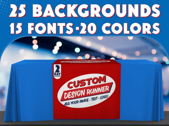 Custom 13oz Vinyl Table Runner with Business Logo & Text - 25 Backgrounds, 15 Fonts - UV Safe Table Banner for Pop Up Shop, Trade Show
