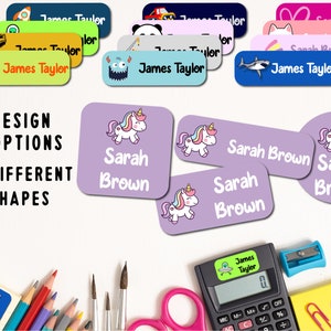 80 Pcs Waterproof Kids School Labels - 3 Sizes, 13 Designs, 10 Fonts - Personalized Name Labels, Labels for School Supplies - Daycare Labels