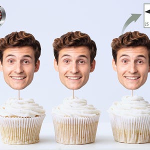 May include: Three cupcakes topped with a smiling face, each on a stick. The cupcakes have white frosting and are in paper liners. A graphic shows a graduation cap with the text "25 HAT OPTIONS". A "Made in USA" logo is in the upper left.