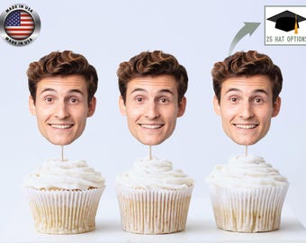 Custom Face Cupcake Toppers - 2 Sizes & 25 Hat Options - Personalized Birthday Decors, Custom Party Decor, 1st Birthday Decorations