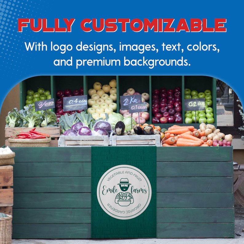 May include: A green wooden stand with a variety of fresh produce, including apples, carrots, and red peppers. A sign on the front of the stand reads "VEGETABLE AND FRUIT Emile farm's ORGANIC GARDENER".