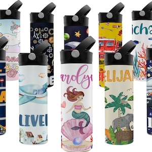 Personalized Kids Water Bottle w Straw - 14 / 20 oz - 11 Wraparound Designs, Add-On Matching Beach Towel - BPA FREE, Double-Wall Insulation