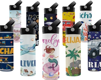 Personalized Kids Water Bottle w Straw - 14 / 20 oz - 11 Wraparound Designs, Add-On Matching Beach Towel - BPA FREE, Double-Wall Insulation