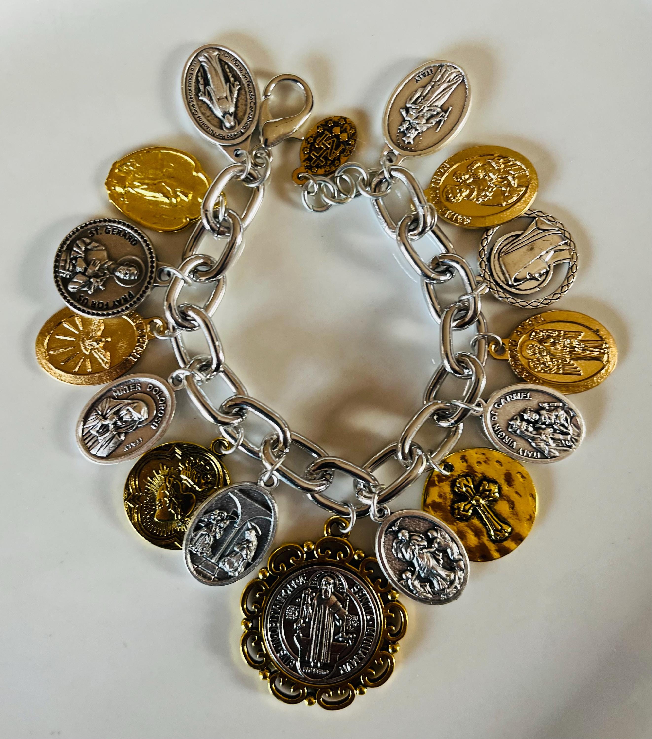 St Benedict, Charm Bracelet/Saints Silver & Gold Tone Catholic Charm Bracelet/Catholic Medals Charm Bracelet/All Saints Day