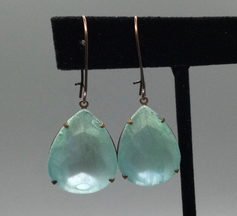 Vintage Mystic Green Opal Glass Earrings Set in Oxidized Brass