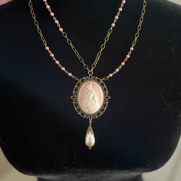 Marie Antoinette Pink Victorian Lady Cameo Necklace w Antique Rose Pearl Beads