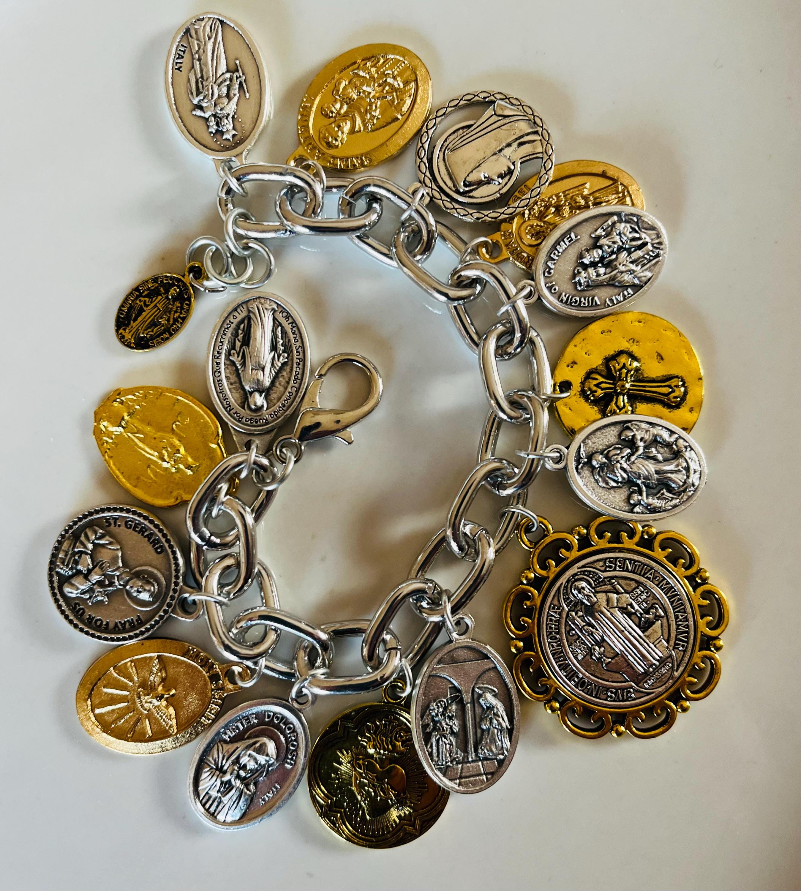 St Benedict, Charm Bracelet/Saints Silver & Gold Tone Catholic Charm Bracelet/Catholic Medals Charm Bracelet/All Saints Day