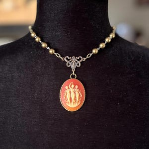 Vintage Carnelian Three Graces Fates Muses Victorian Style Cameo Necklace - Vintage Austrian Copper Pearls - Mother’s Day Gift