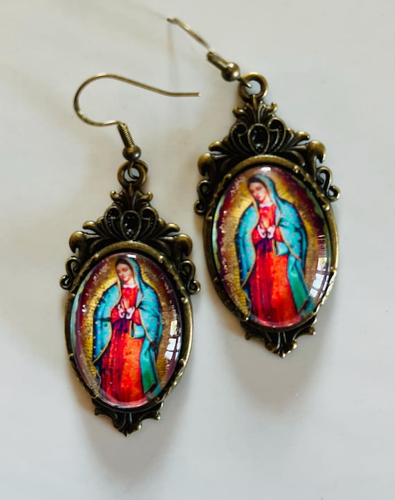Our Lady of Guadalupe Dangle Earrings: Vintage Brass Setting, Lenten Faith Jewelry