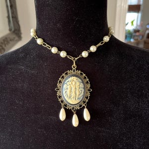 Vintage Style Three Muses Three Fates Cameo Necklace/Matte Old Victorian Style Black & Cream Large Muse Cameo Necklace