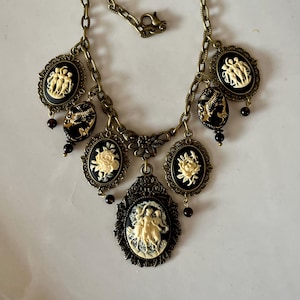 Victorian Style Gothic Mourning Cameos Three Graces, Muses Bib Choker Necklace/Gothic Muses Draped Necklace