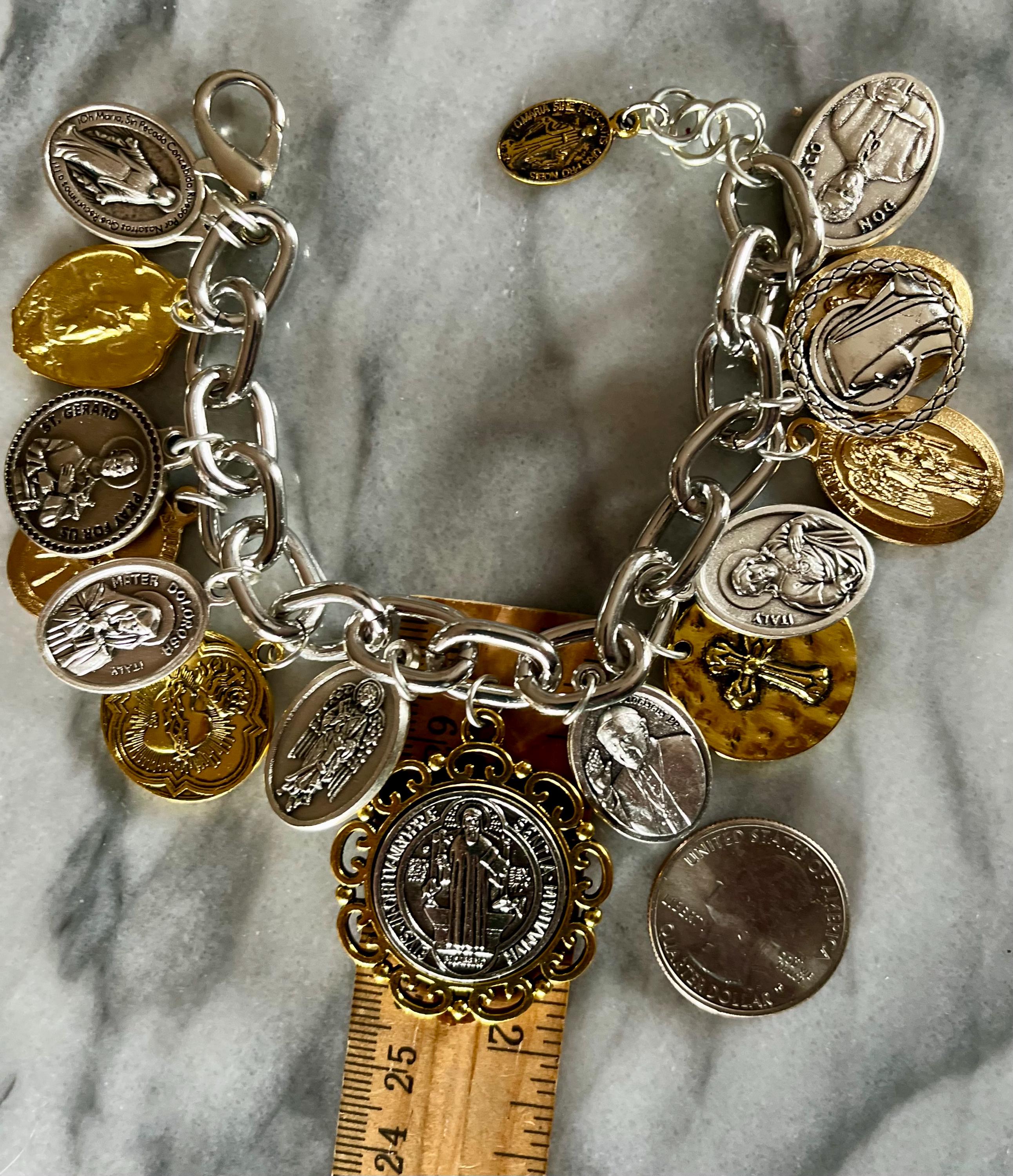 St Benedict, Charm Bracelet/Saints Silver & Gold Tone Catholic Charm Bracelet/Catholic Medals Charm Bracelet/All Saints Day