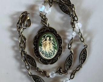 Three Graces, Muses, Wedgwood Sage Green Vintage Inspired Cameo Necklace