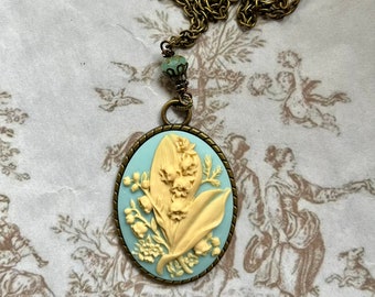 Ivory Lily of the Valley Bouquet on Baby Blue Cameo Necklace/Lily of the Valley Cameo Necklace