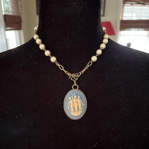 Vintage Wedgwood Blue Style Three Graces, Fates, Muses Victorian Style Cameo Necklace