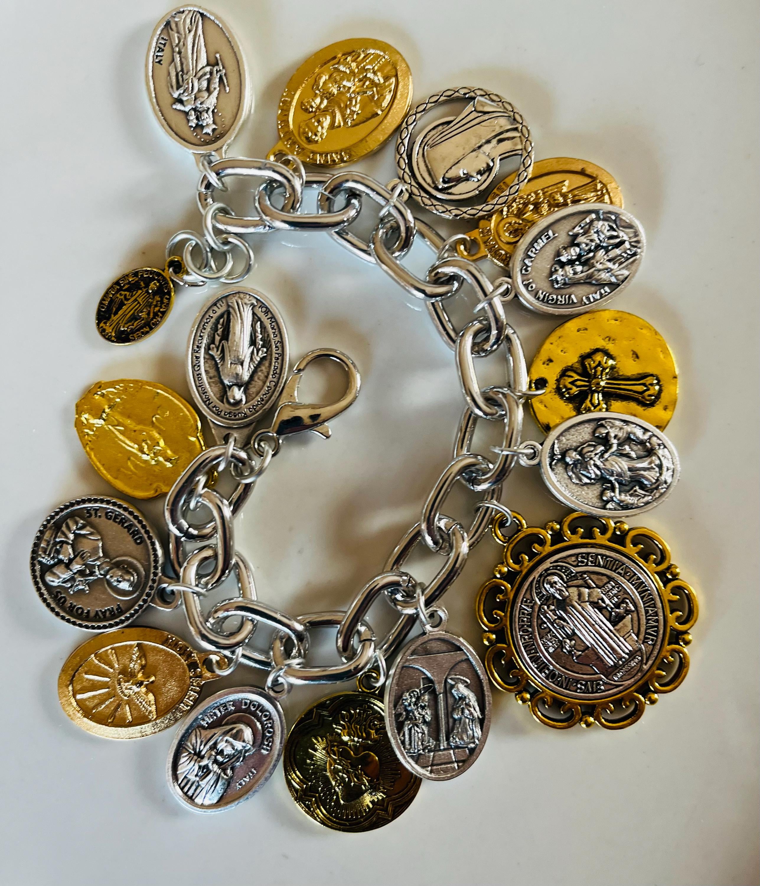 St Benedict, Charm Bracelet/Saints Silver & Gold Tone Catholic Charm Bracelet/Catholic Medals Charm Bracelet/All Saints Day