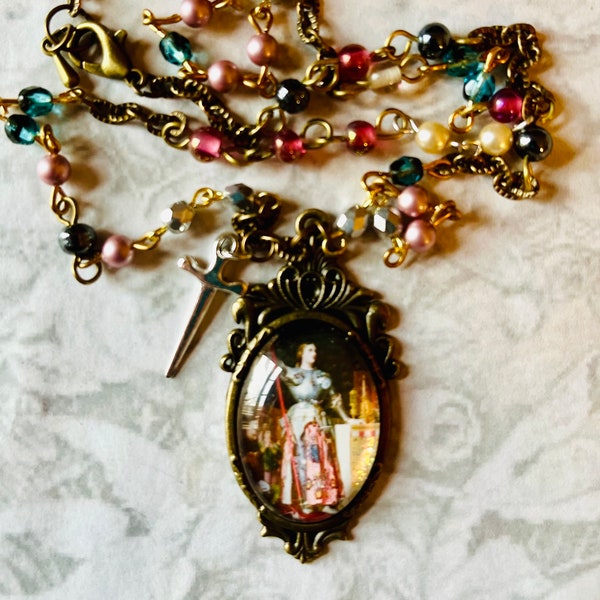St Joan of Arc Art Medal Catholic Necklace Austrian & Czech Bead Drop Necklace/Female Heroine Pendant/Female Saint Necklace