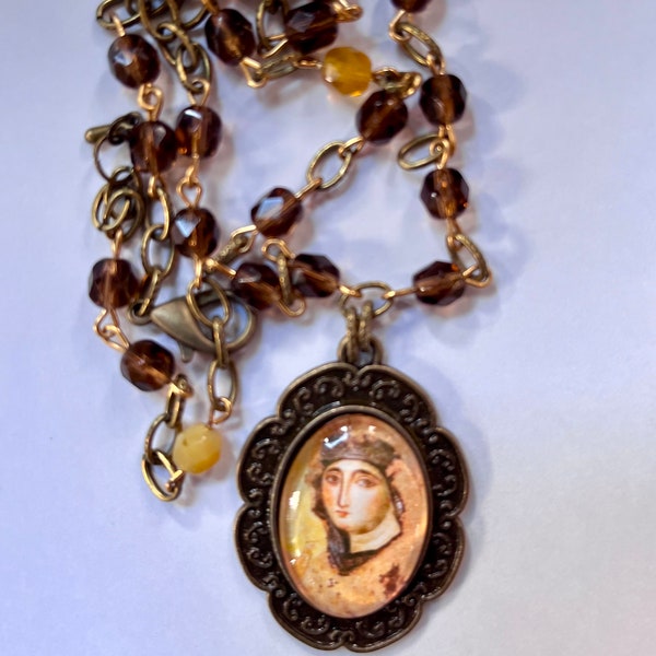 Byzantine Marian Orthodox Mary Art Glass Mary Pendant Smoked Quartz & Citrine Austrian Crystal Necklace