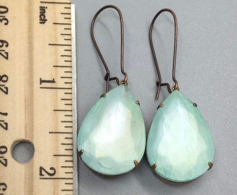 Vintage Mystic Green Opal Glass Earrings Set in Oxidized Brass