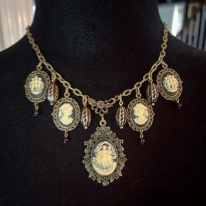 Victorian Gothic Mourning Cameo Necklace: Three Graces, Black Sardonyx Beads