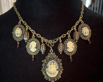 Victorian Gothic Mourning Cameo Necklace: Three Graces, Black Sardonyx Beads