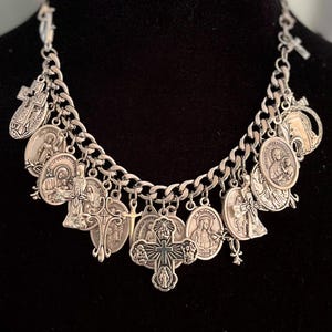 Virgin, Saints, Mary & Cross Charm Bracelet: Miraculous Mary Medals, Silver Tone