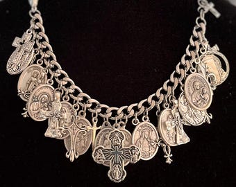 Virgin, Saints, Mary & Cross Charm Bracelet: Miraculous Mary Medals, Silver Tone