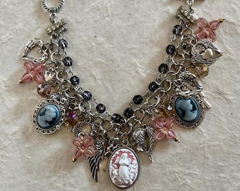 Angel & Cameo Charm Bracelet Pink Gray Jet Crystals