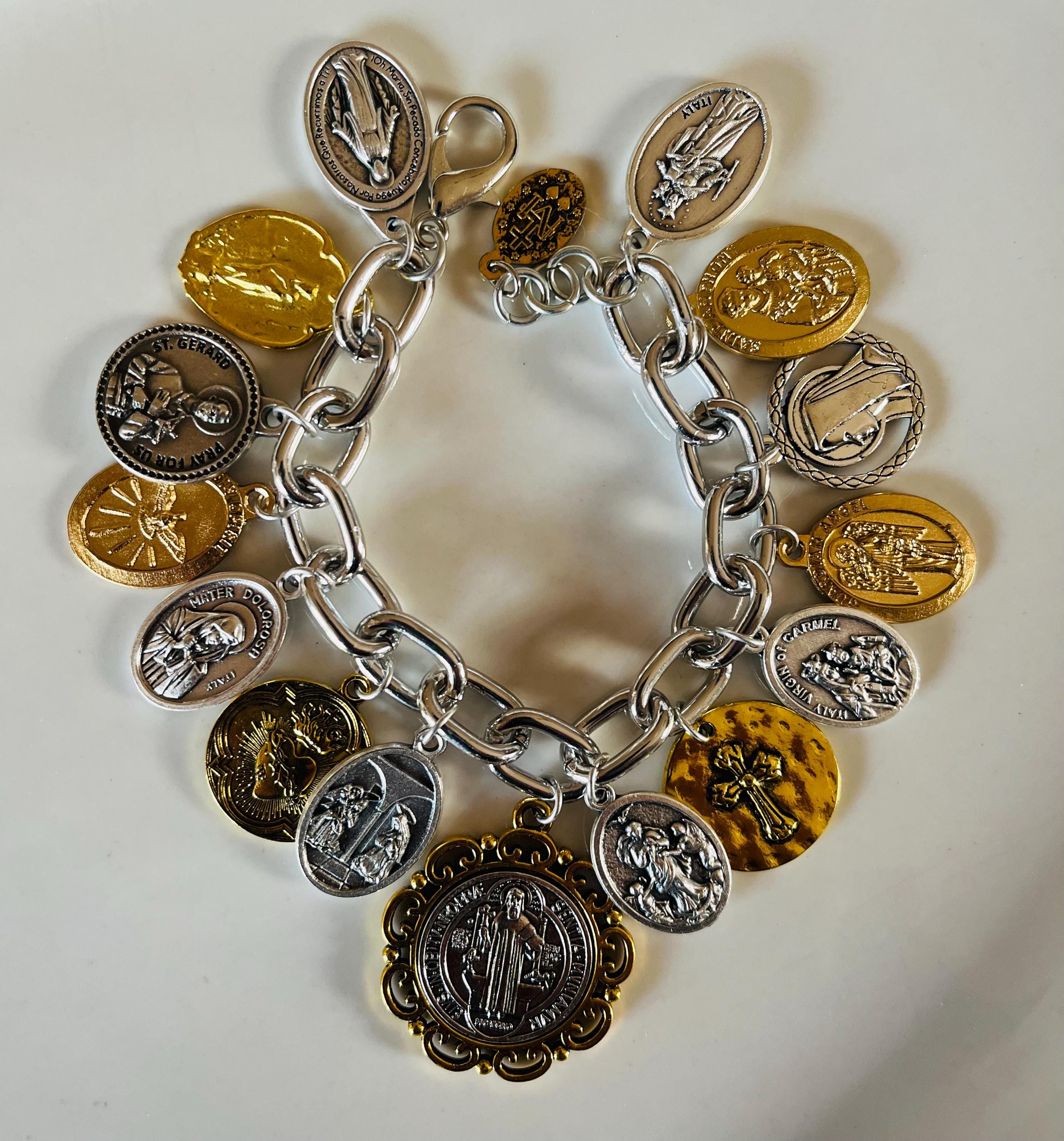 St Benedict, Charm Bracelet/Saints Silver & Gold Tone Catholic Charm Bracelet/Catholic Medals Charm Bracelet/All Saints Day