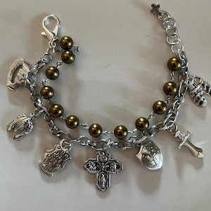Armor of God Charm Bracelet ~ Vintage  Austrian Copper Pearls/Armor of God Christian Charm Bracelet/Scapular Cross