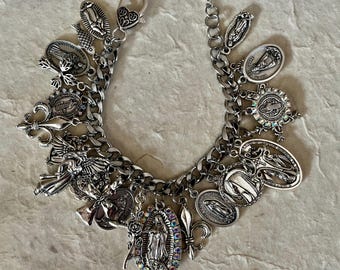 Chunky Guadalupe Charm Bracelet: Catholic Medals, Silver Tone