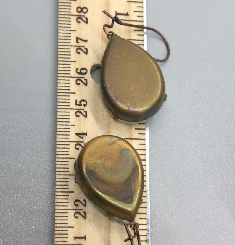 Vintage Mystic Green Opal Glass Earrings Set in Oxidized Brass