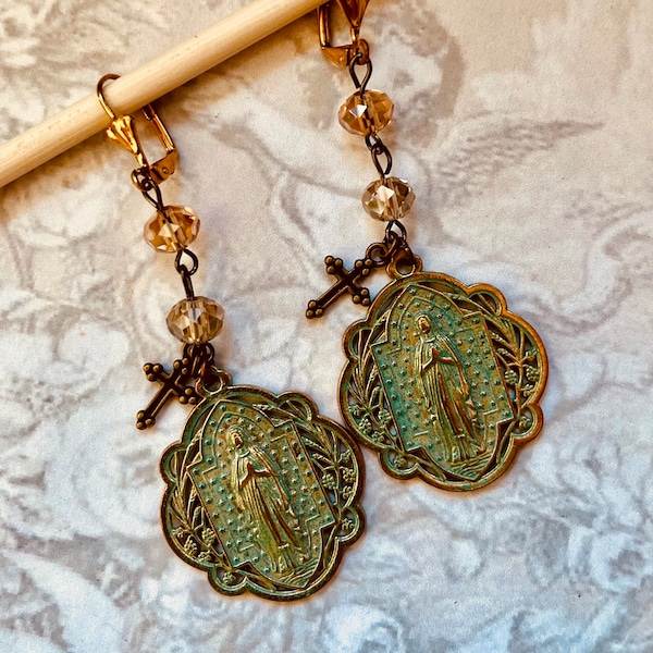 Virgin Mary Madonna Earrings Gold w Verdigris Patina Czech Crystal Beads